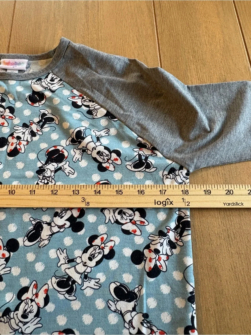 LuLaRoe Disney Minnie Mouse Raglan Tee Girls 14 Blue Gray Polka Dot Graphic